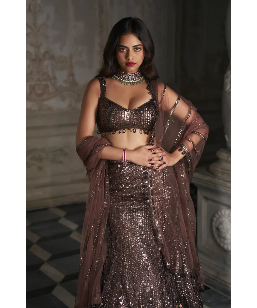 SEEMA GUJRAL- Brown Sequin Skirt Set