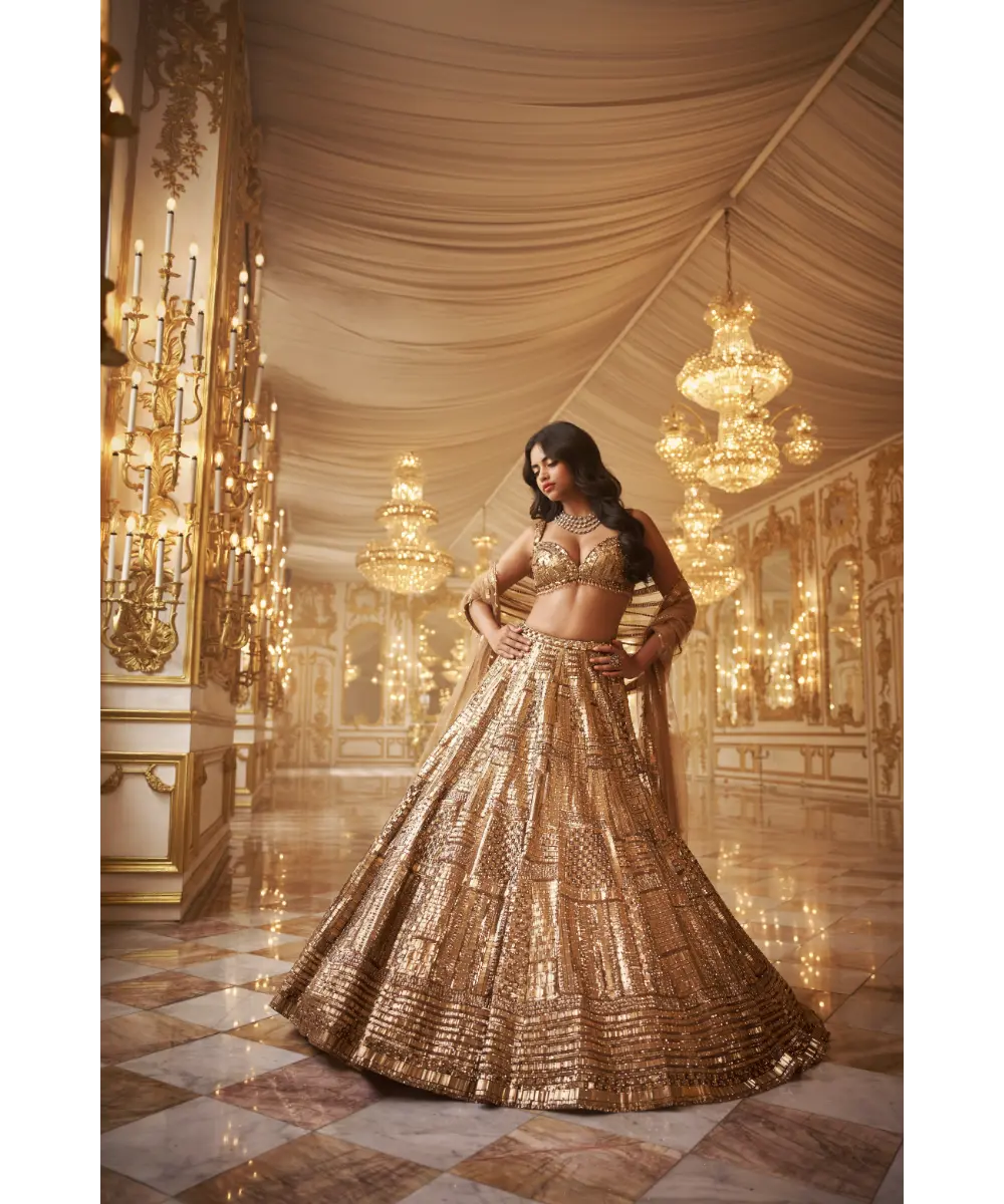 SEEMA GUJRAL- Antique Gold Lehenga Set