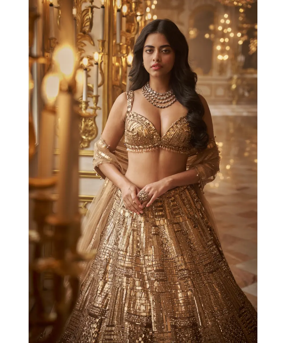 SEEMA GUJRAL- Antique Gold Lehenga Set