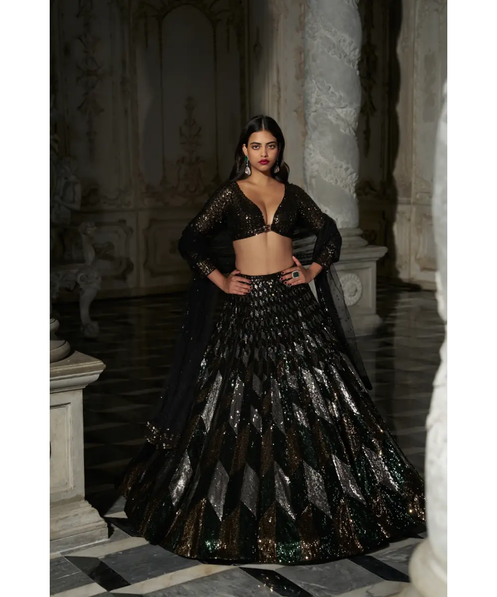 SEEMA GUJRAL- Chevron Sequin Lehenga Set