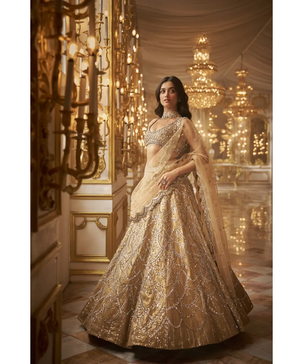 SEEMA GUJRAL- Gold Chandelier Lehenga Set