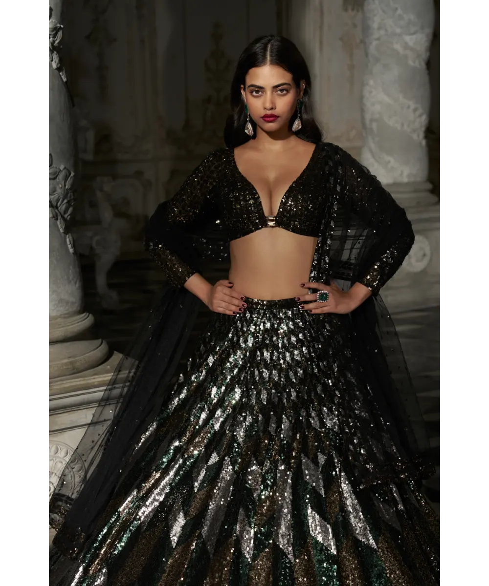 SEEMA GUJRAL- Chevron Sequin Lehenga Set