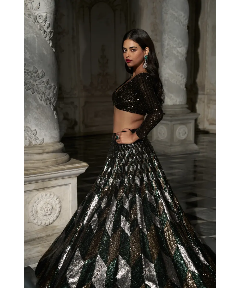SEEMA GUJRAL- Chevron Sequin Lehenga Set