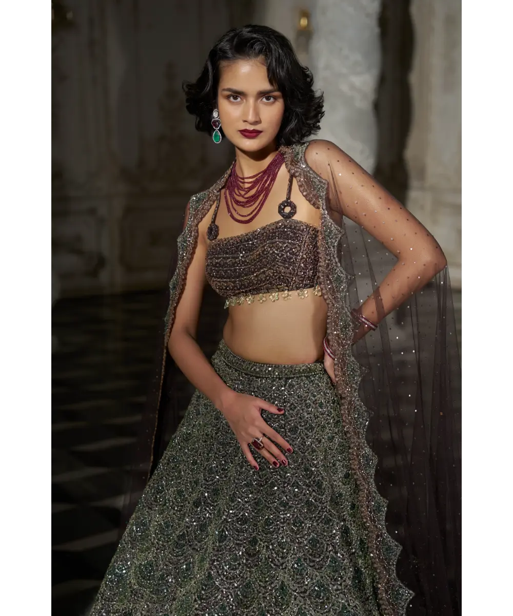 SEEMA GUJRAL- Emerald Green Scalloped Lehenga Set