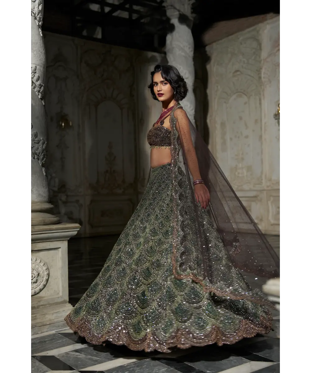 SEEMA GUJRAL- Emerald Green Scalloped Lehenga Set