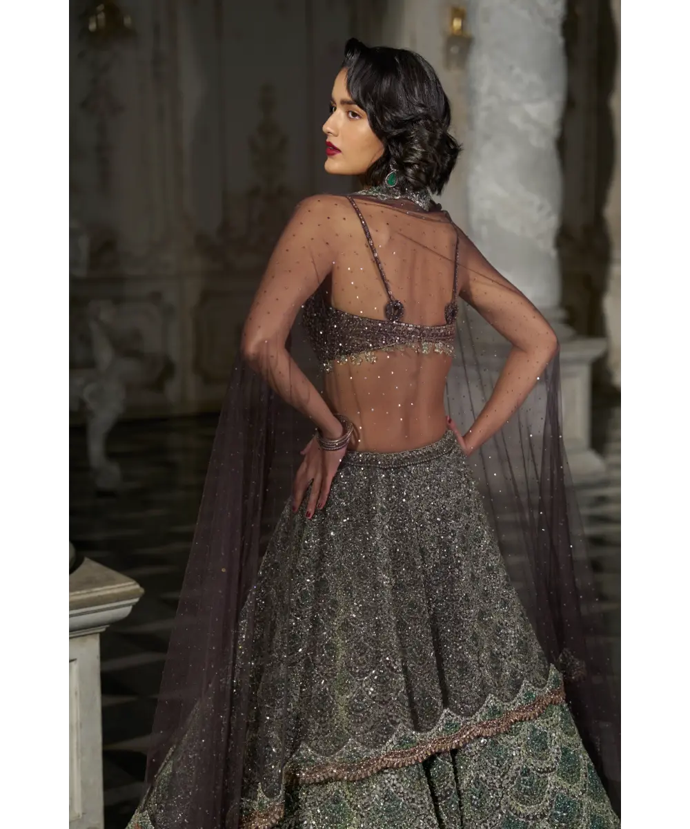 SEEMA GUJRAL- Emerald Green Scalloped Lehenga Set