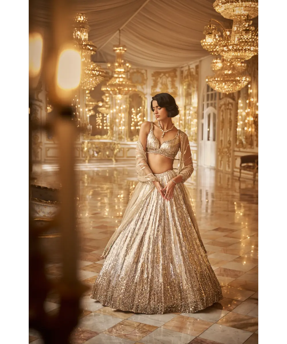 SEEMA GUJRAL- Silver Gold Crystal Lehenga Set