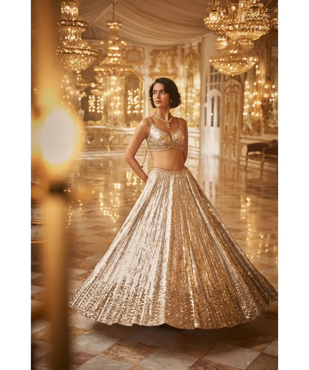 SEEMA GUJRAL- Silver Gold Crystal Lehenga Set