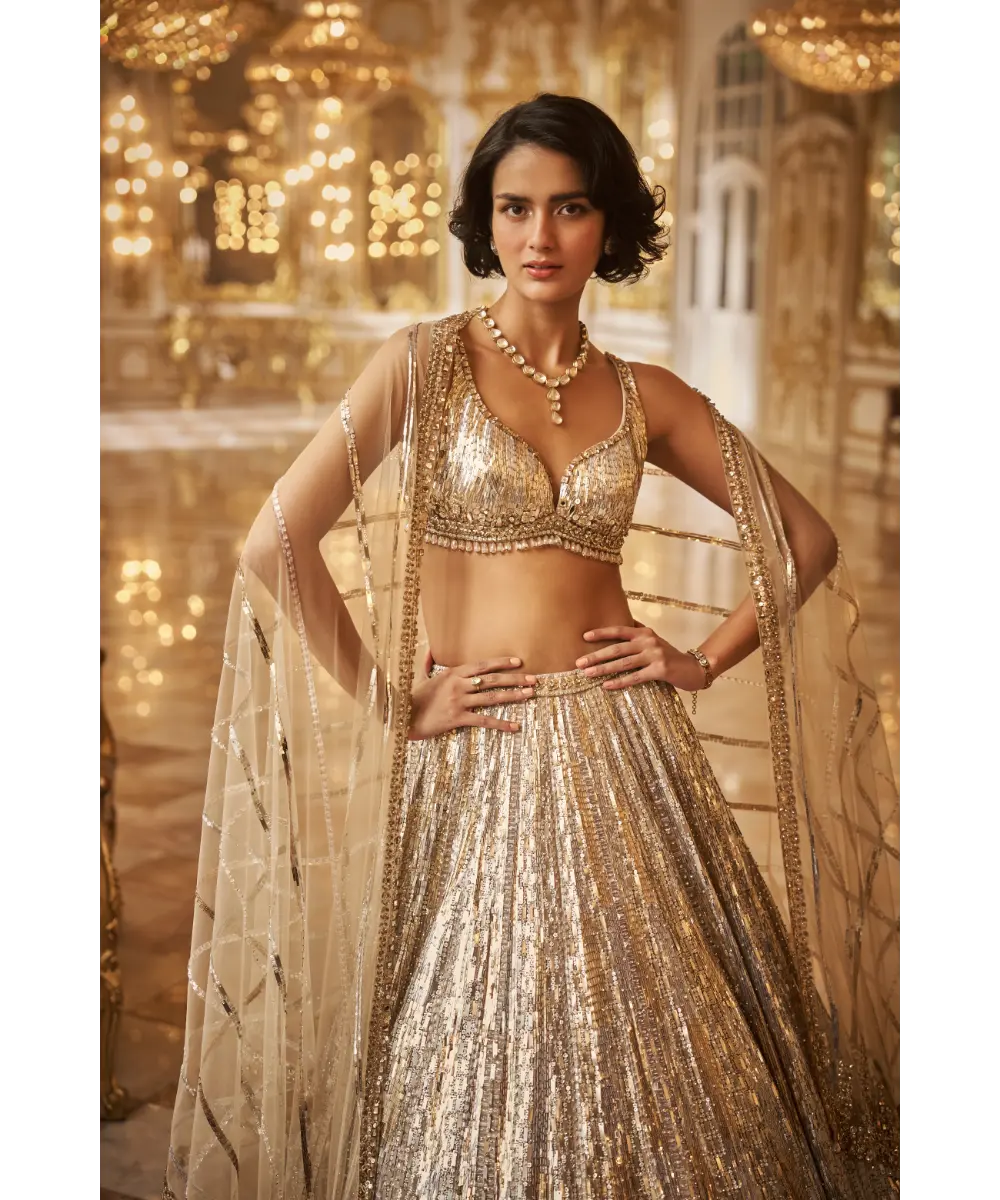 SEEMA GUJRAL- Silver Gold Crystal Lehenga Set