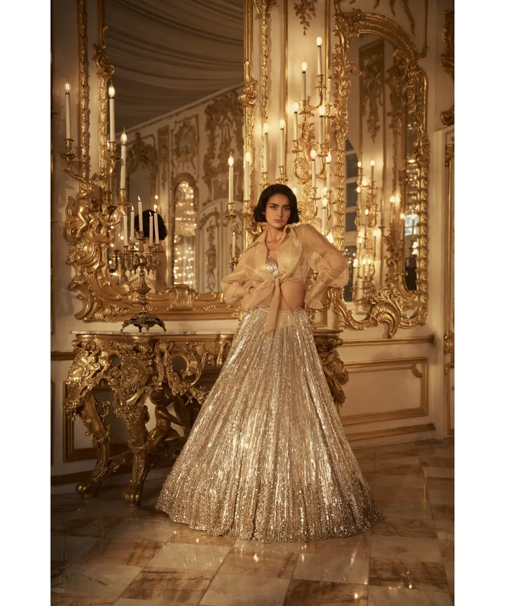 SEEMA GUJRAL- Silver Gold Crystal Lehenga Set