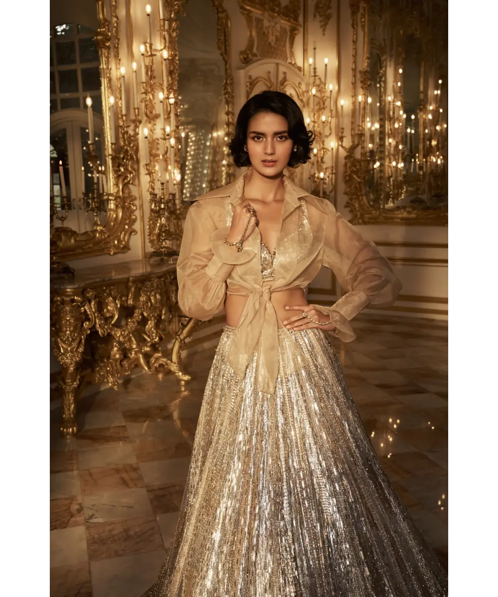 SEEMA GUJRAL- Silver Gold Crystal Lehenga Set