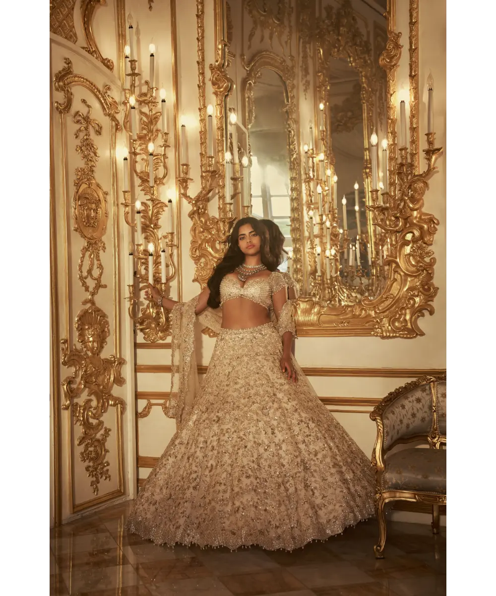 SEEMA GUJRAL- Ivory Sequin Lehenga Set