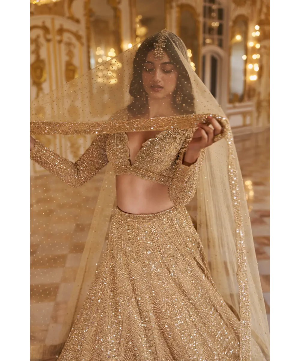 SEEMA GUJRAL- Gold Pearl Lehenga Set