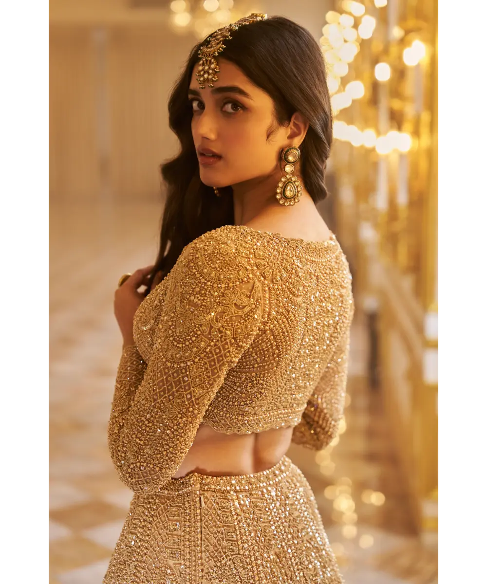 SEEMA GUJRAL- Gold Pearl Lehenga Set