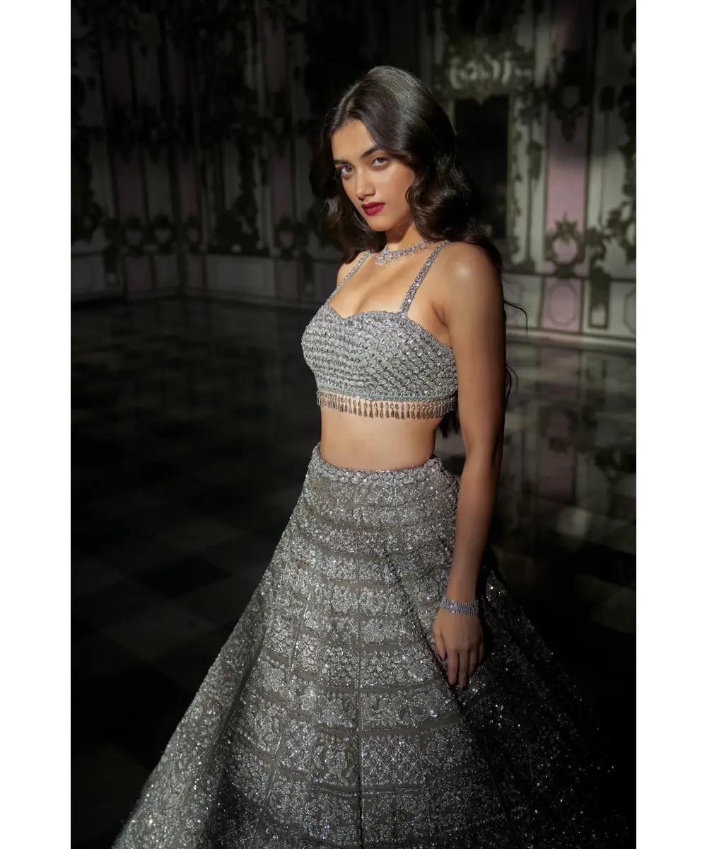 SEEMA GUJRAL- Antique Silver Lehenga Set