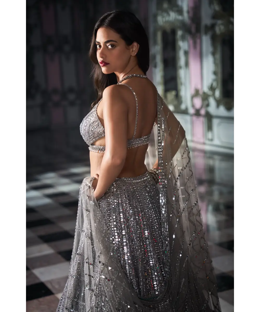 SEEMA GUJRAL- Antique Silver Miror Work Lehenga Set