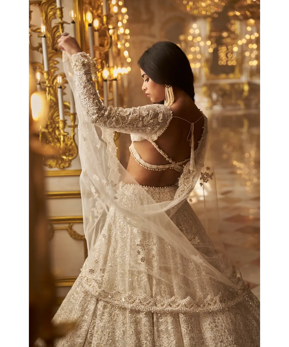 SEEMA GUJRAL- Ivory Gold Floral Lehenga Set