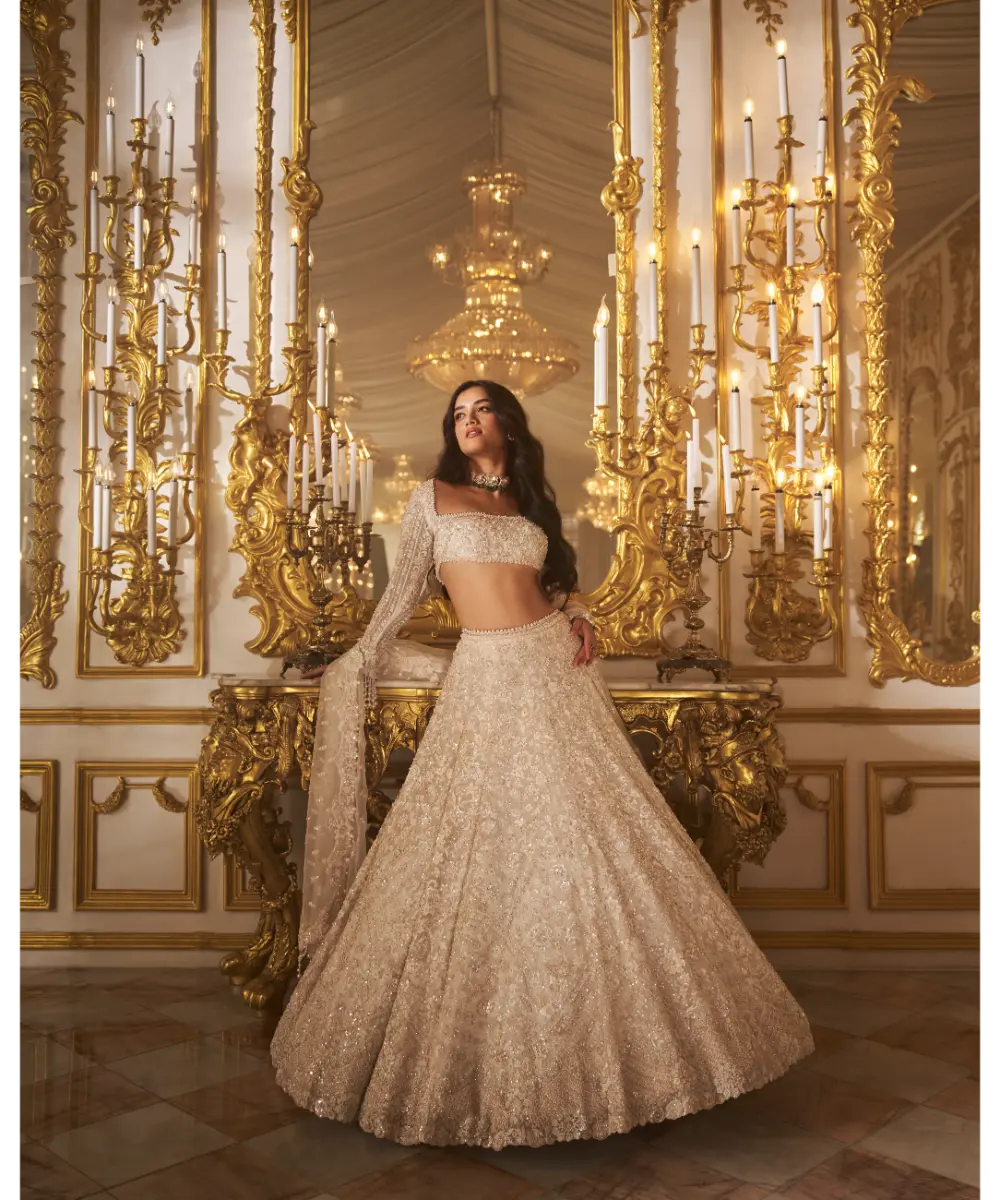 SEEMA GUJRAL- Ivory Floral Lehenga Set