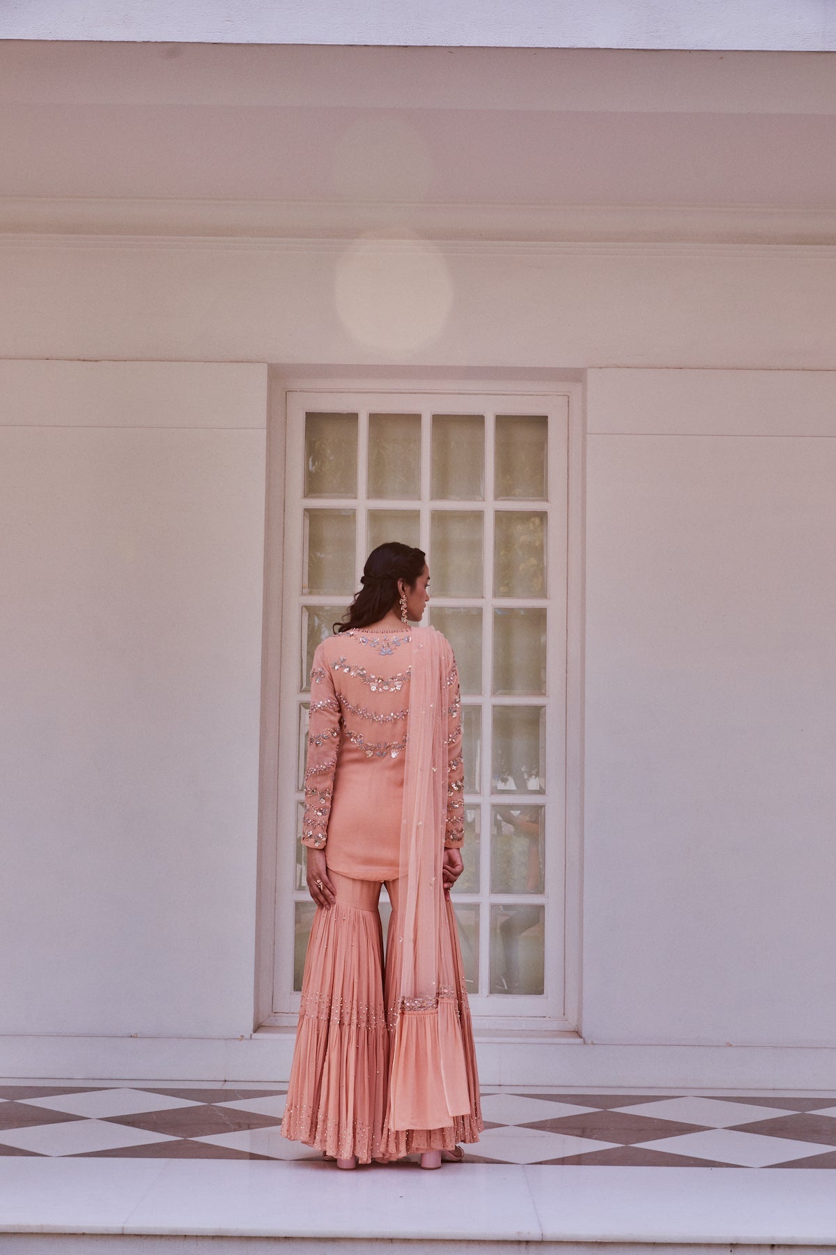 Sanya Gulati - Rose Gold Kurta and Tiered Sharara With Dupatta Set from Fizah