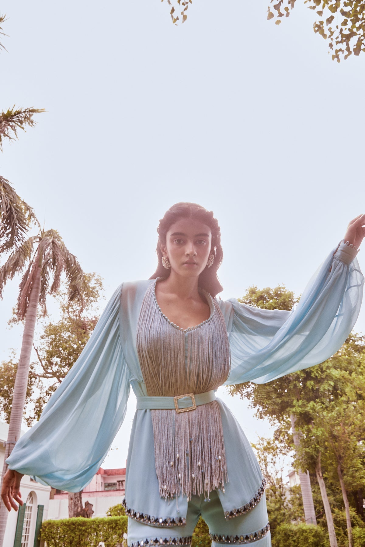 Sanya Gulati - Ice Blue Fringed Peplum with Sharara Pants Set from Fizah