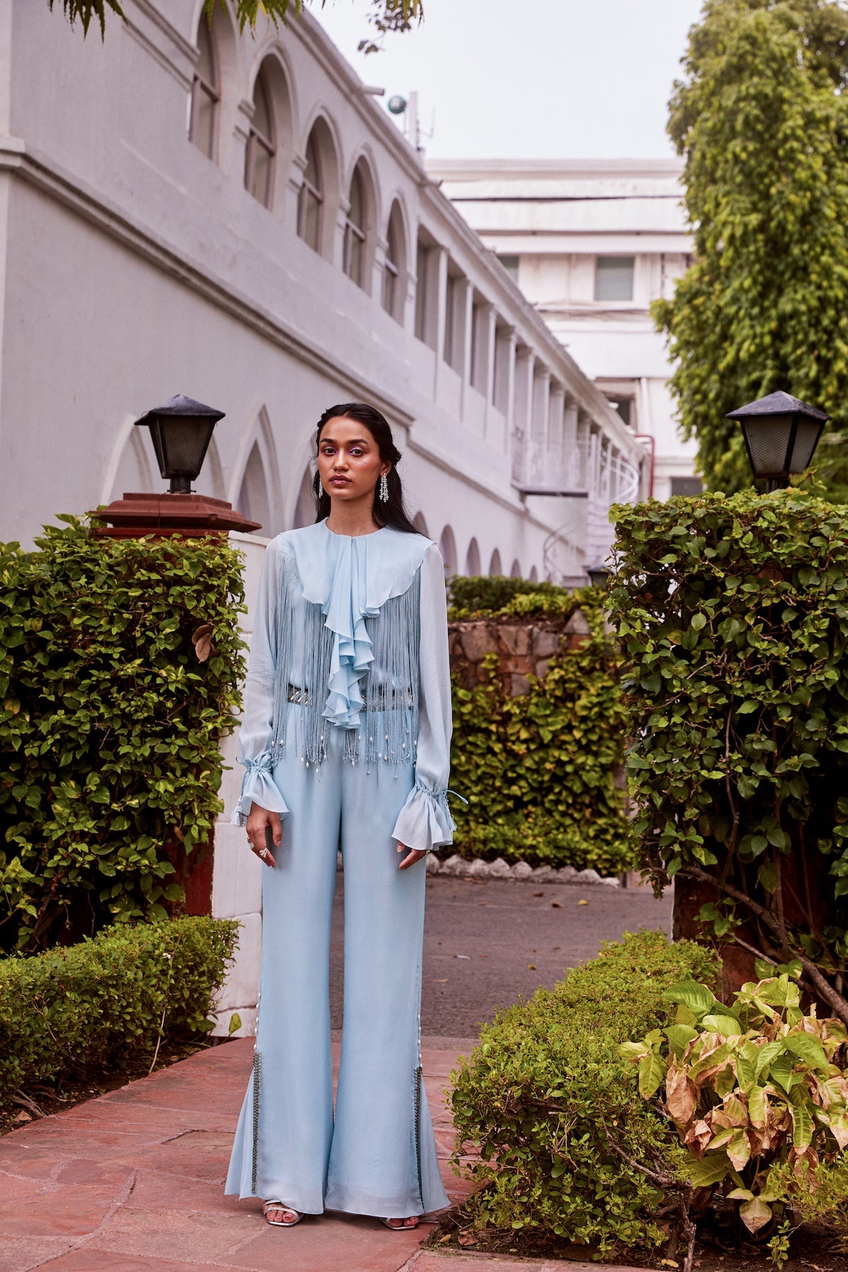Sanya Gulati - Ice Blue Ruffle Top and Pants Set from Fizah