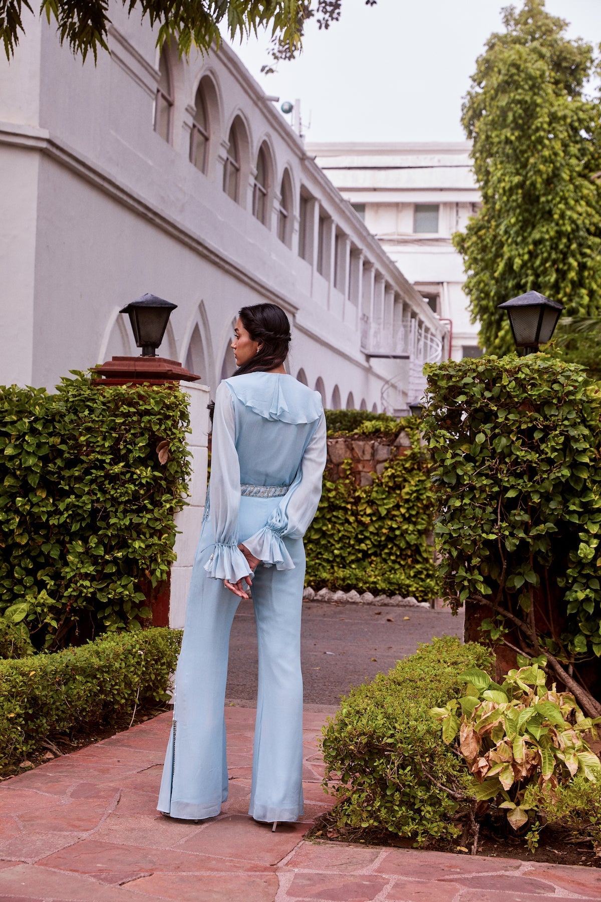 Sanya Gulati - Ice Blue Ruffle Top and Pants Set from Fizah