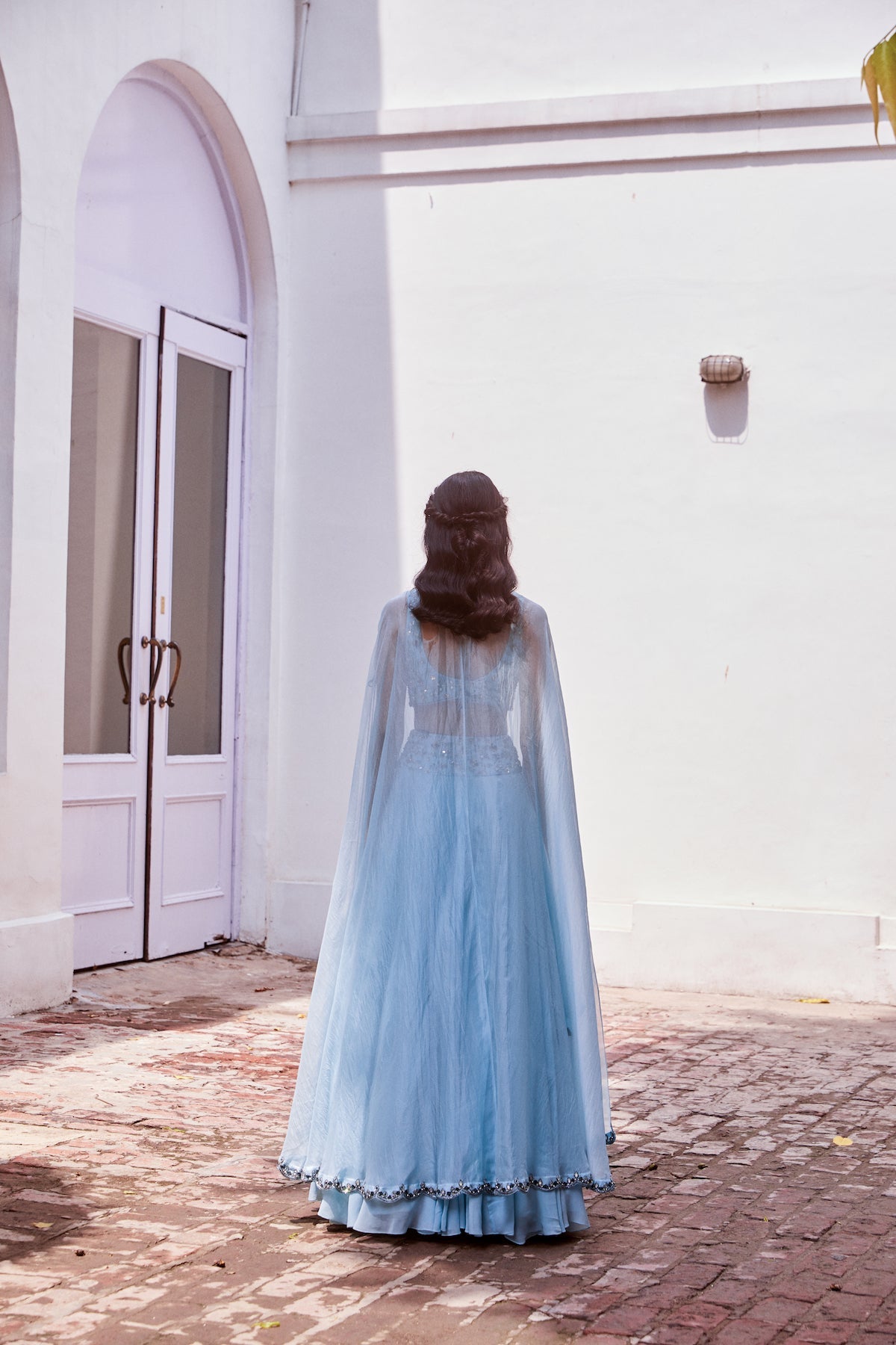 Sanya Gulati - Ice blue Embroidered Lehenga Blouse with Cape Set from Fizah