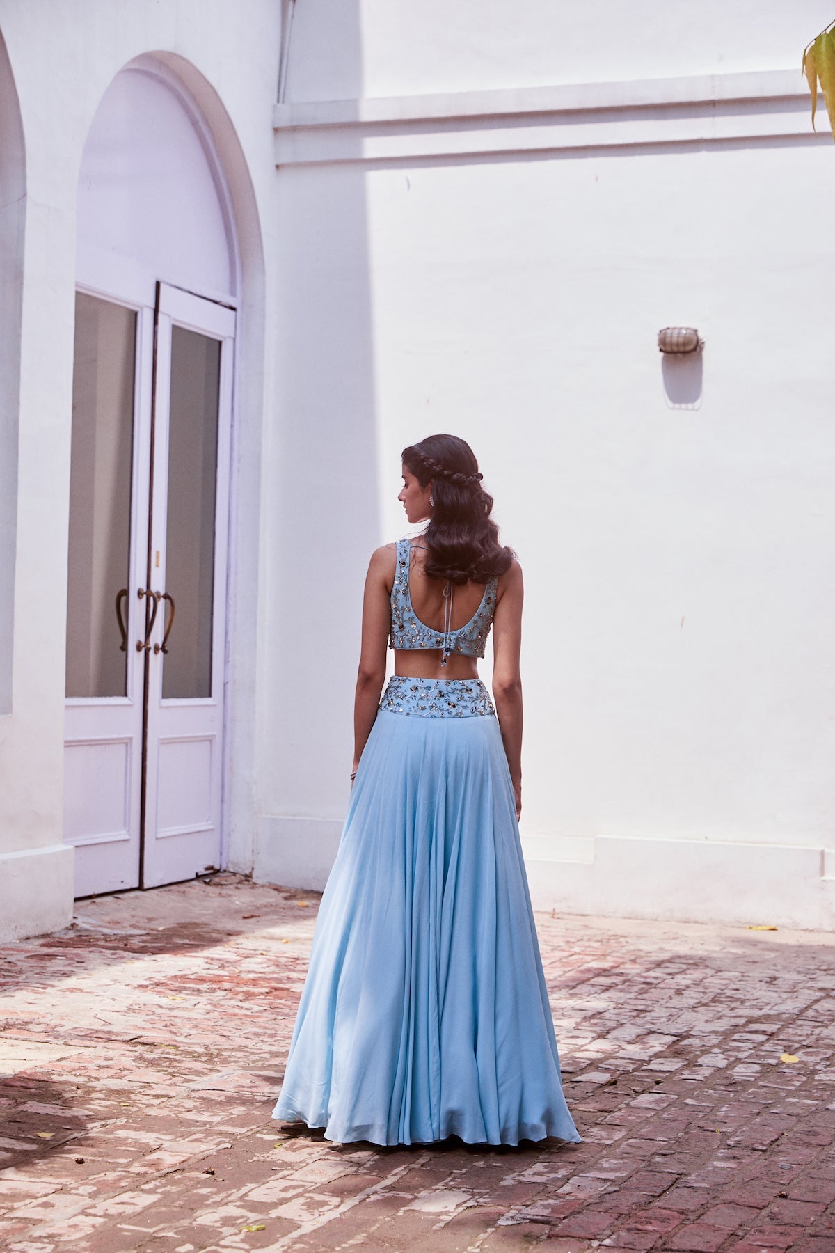 Sanya Gulati - Ice blue Embroidered Lehenga Blouse with Cape Set from Fizah
