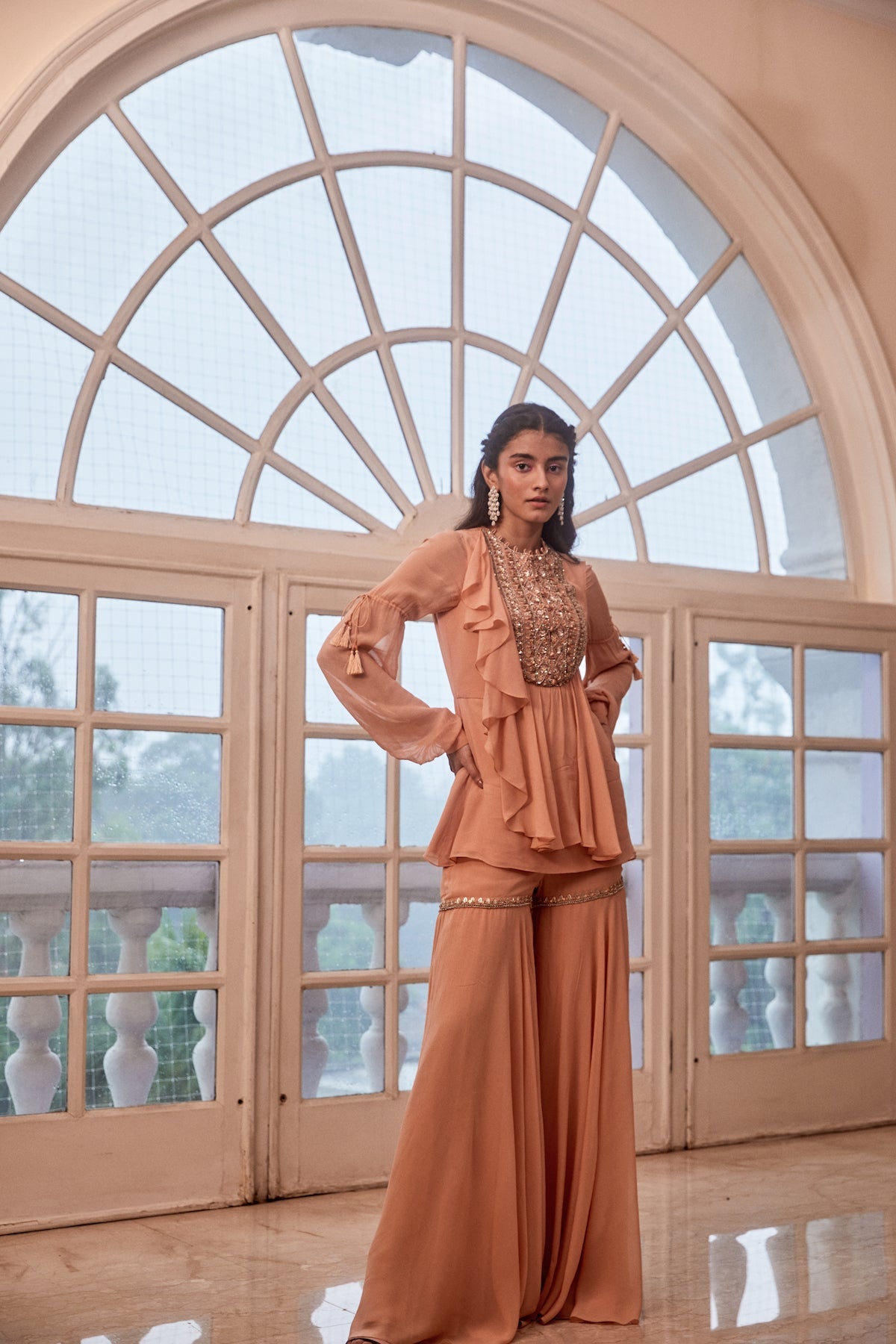 Sanya Gulati - Rose Gold Short Ruffle Kurta with Biased Pants Set from Fizah