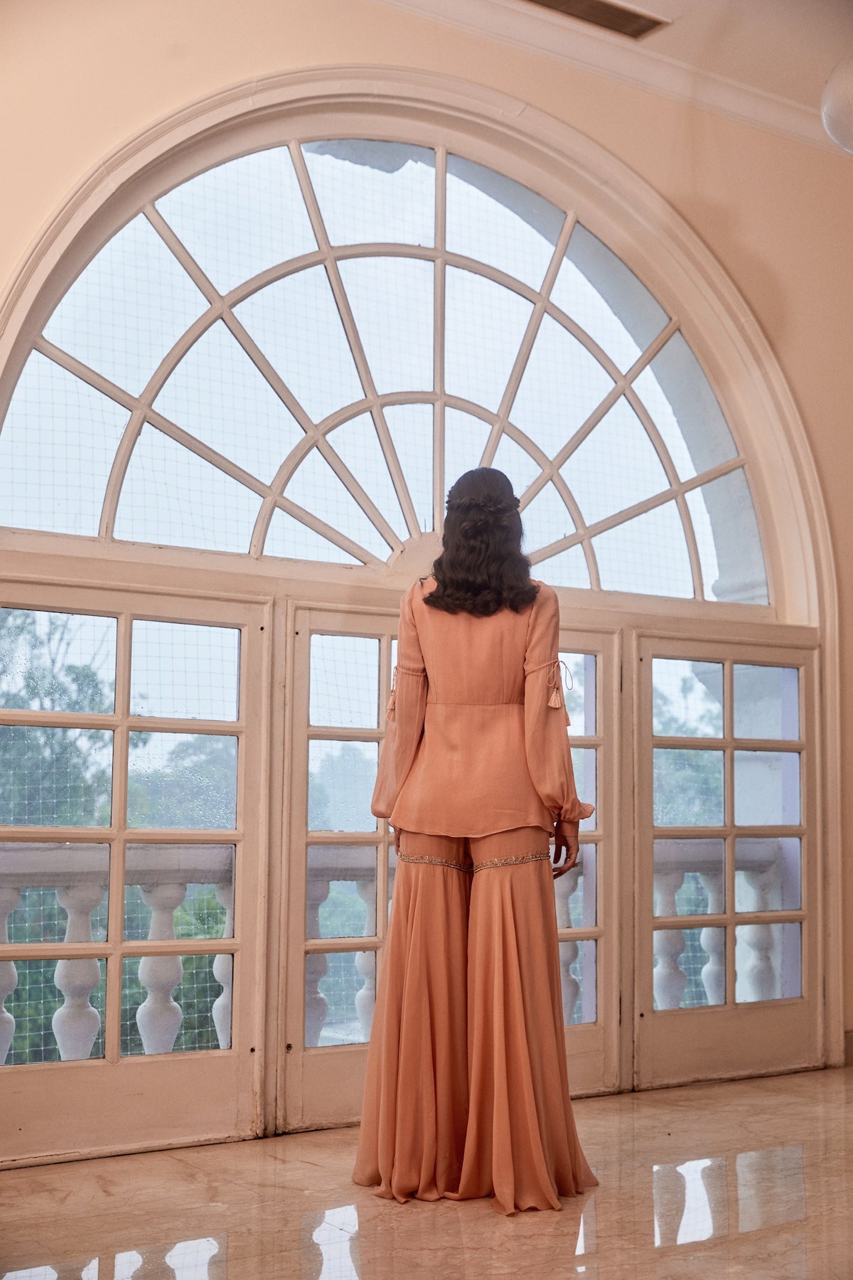 Sanya Gulati - Rose Gold Short Ruffle Kurta with Biased Pants Set from Fizah