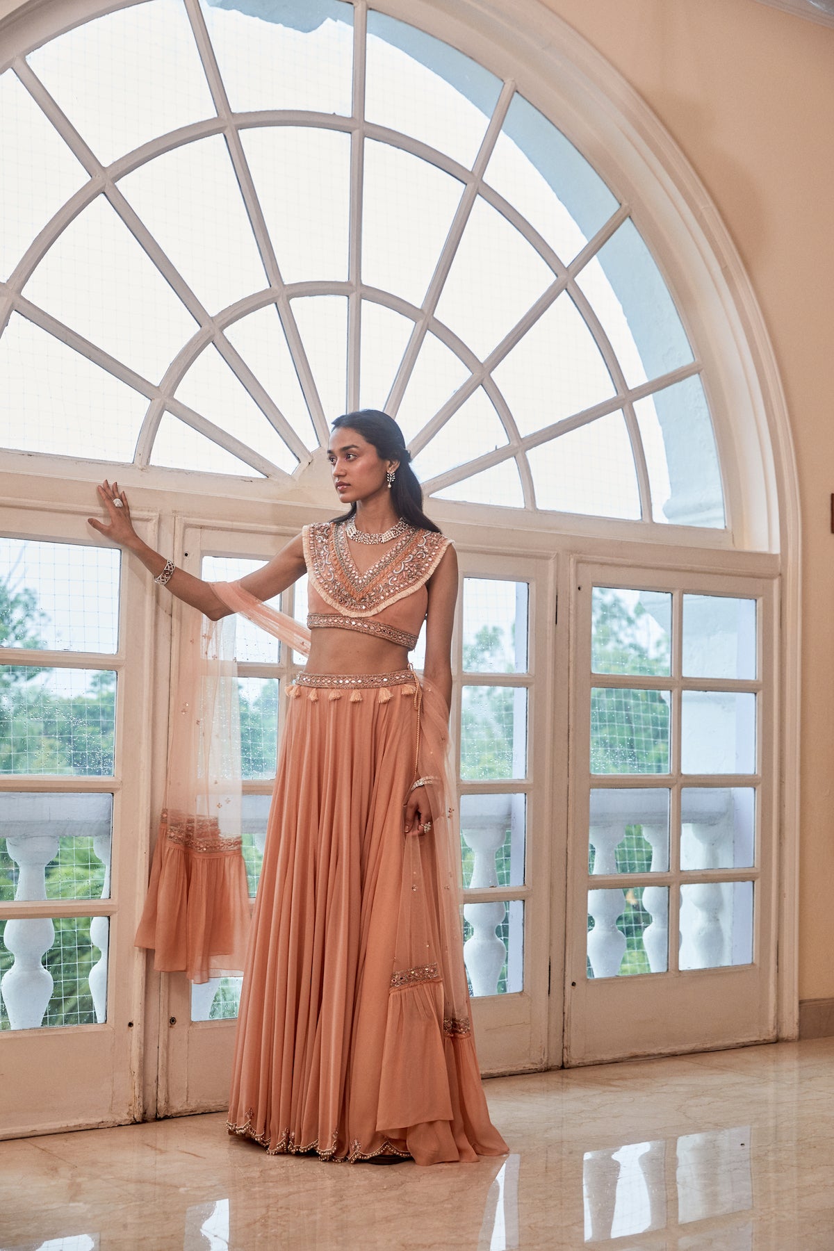 Sanya Gulati - Rose Gold Lehenga with Boho Blouse and Dupatta Set from Fizah