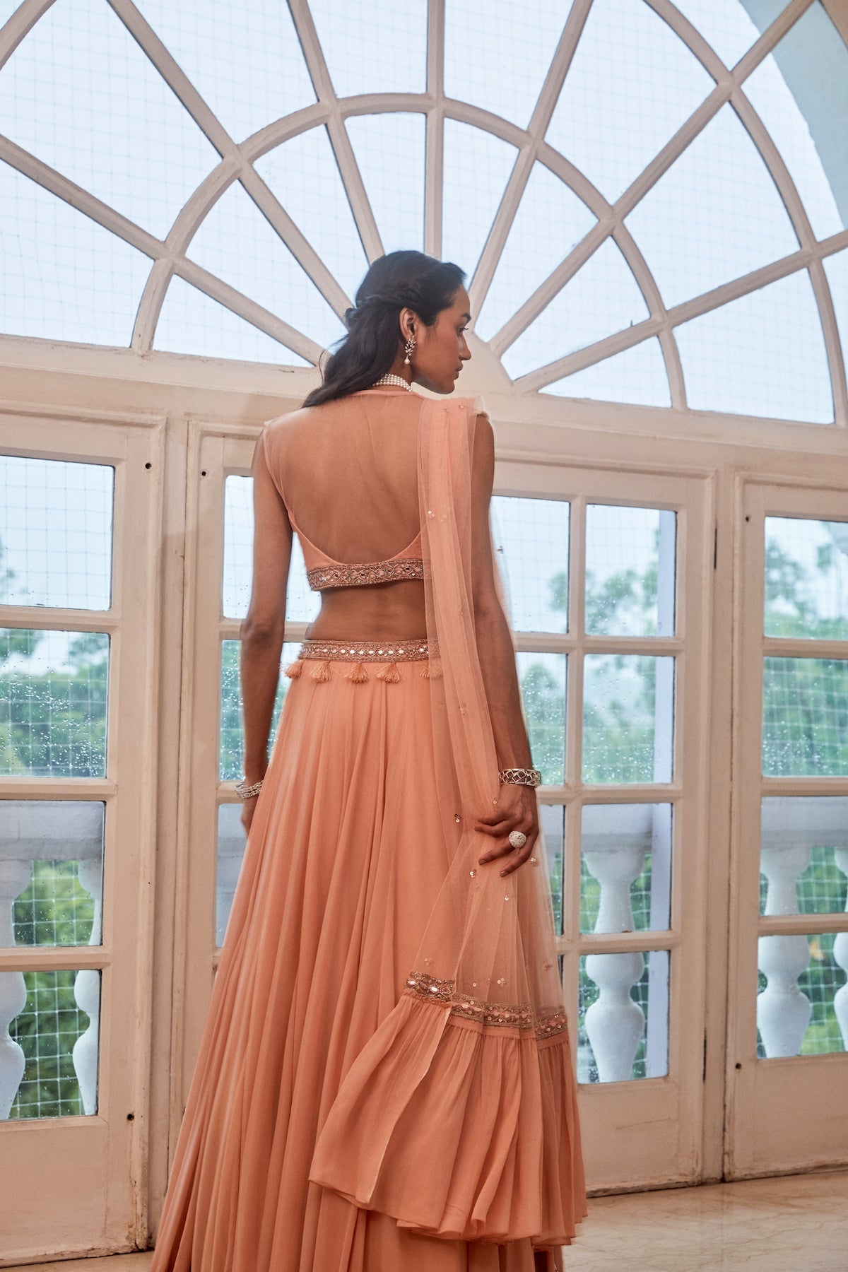 Sanya Gulati - Rose Gold Lehenga with Boho Blouse and Dupatta Set from Fizah
