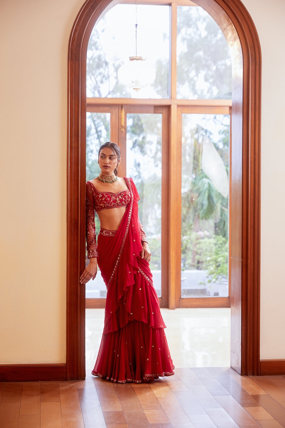 Sanya Gulati - Fuchsia Pre-Stitched Ruffle Saree with Blouse from Fizah