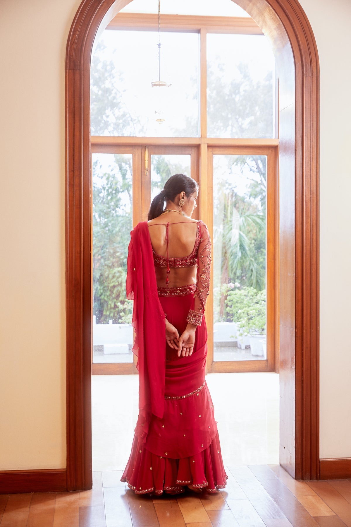 Sanya Gulati - Fuchsia Pre-Stitched Ruffle Saree with Blouse from Fizah