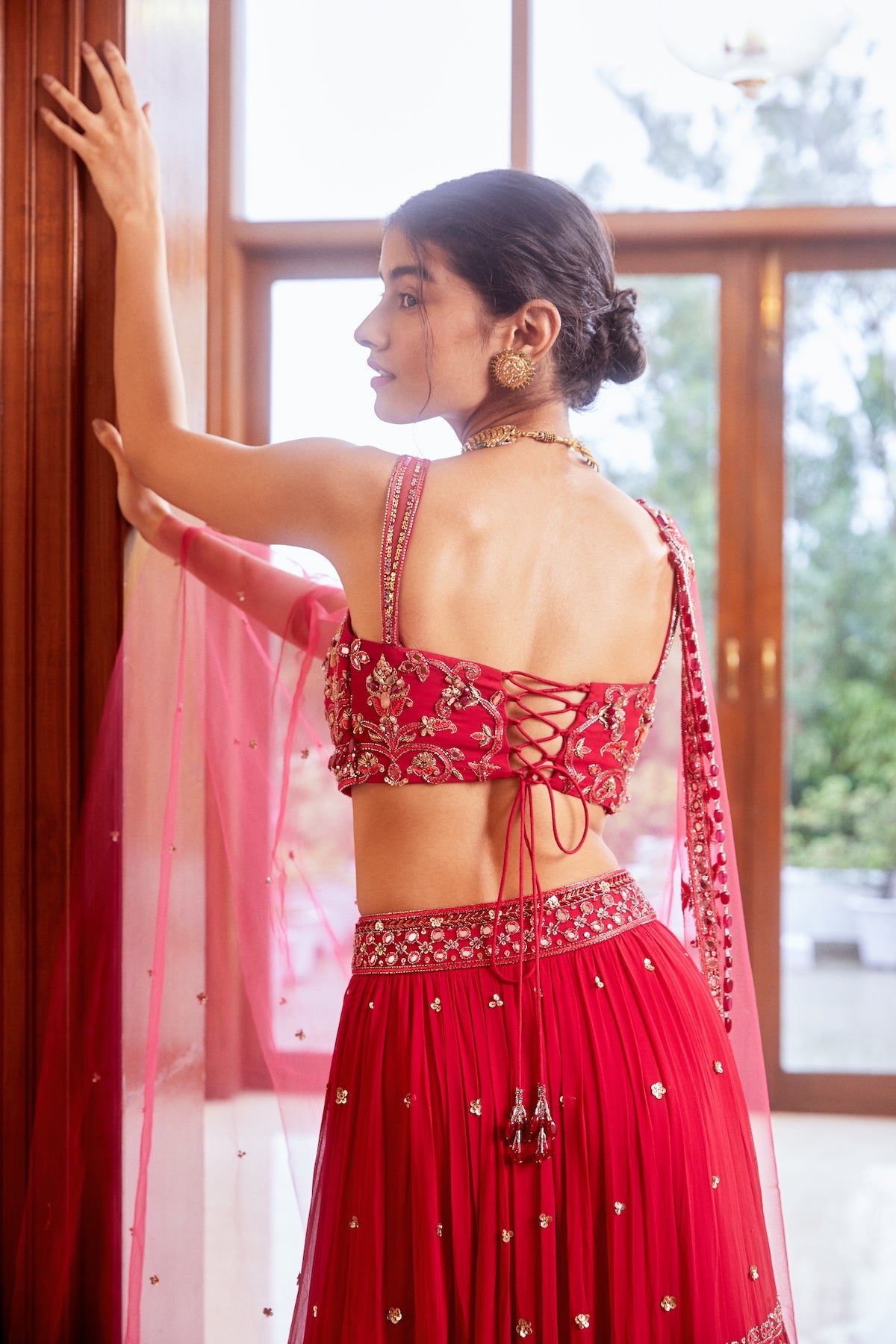 Sanya Gulati - Fuchsia Three Tiered Lehenga with Blouse and Dupatta Set from Fizah