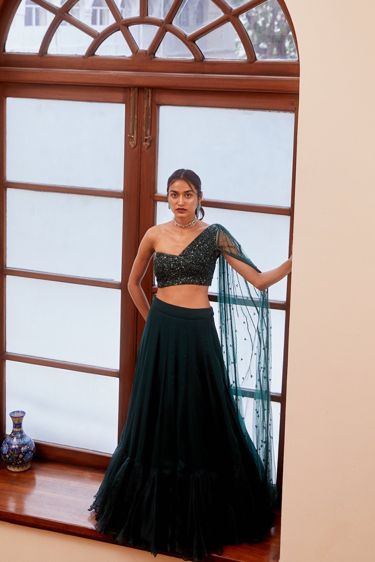 Sanya Gulati - Teal Green Tonal Embroidered Blouse and Lehenga Set from Fizah