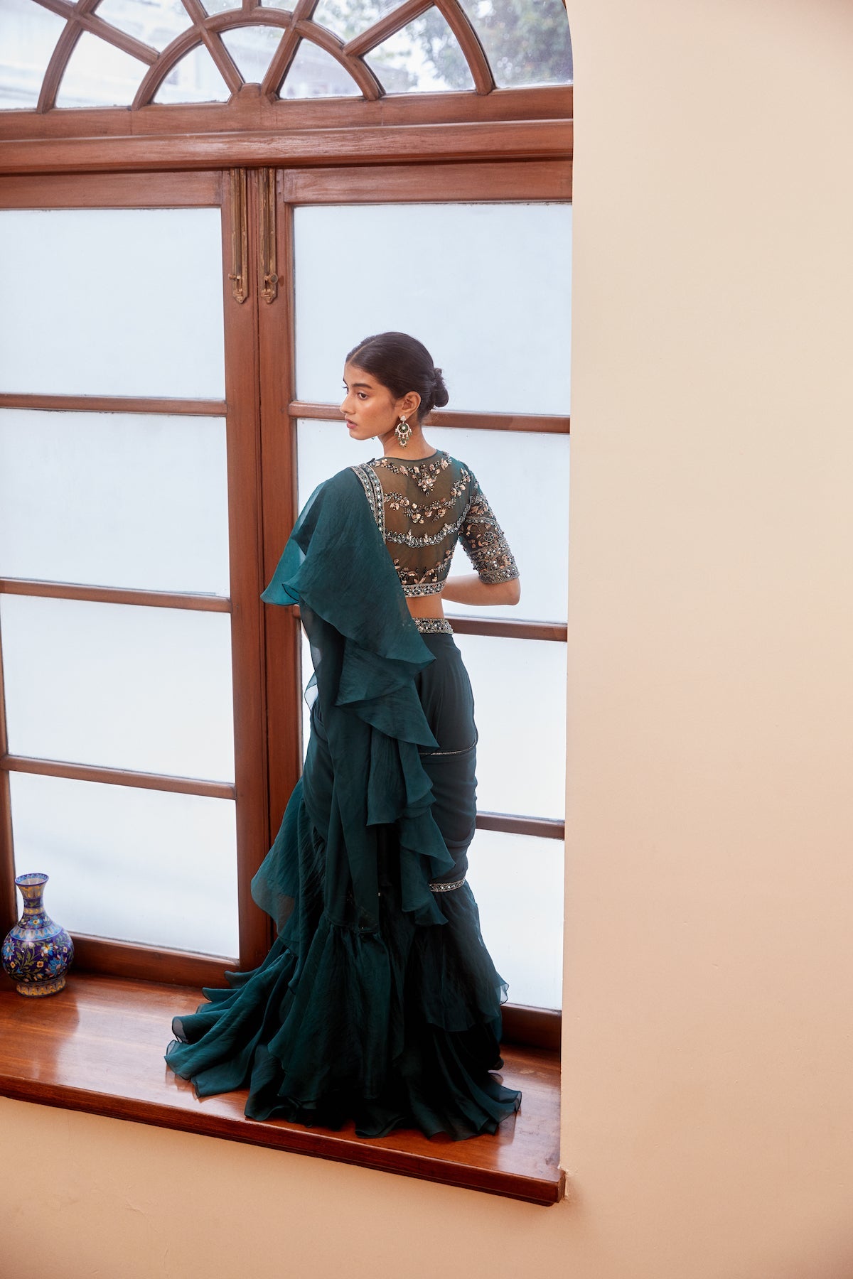 Sanya Gulati - Teal Green Mirrorwork Blouse and Ruffle Saree from Fizah
