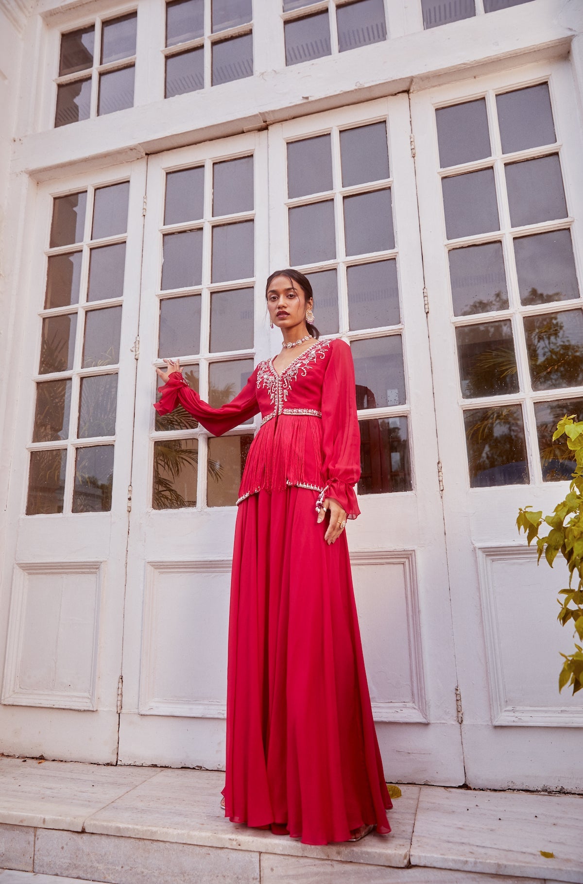 Sanya Gulati - Fuchsia Fringe Peplum with Flared Palazzo Set from Fizah