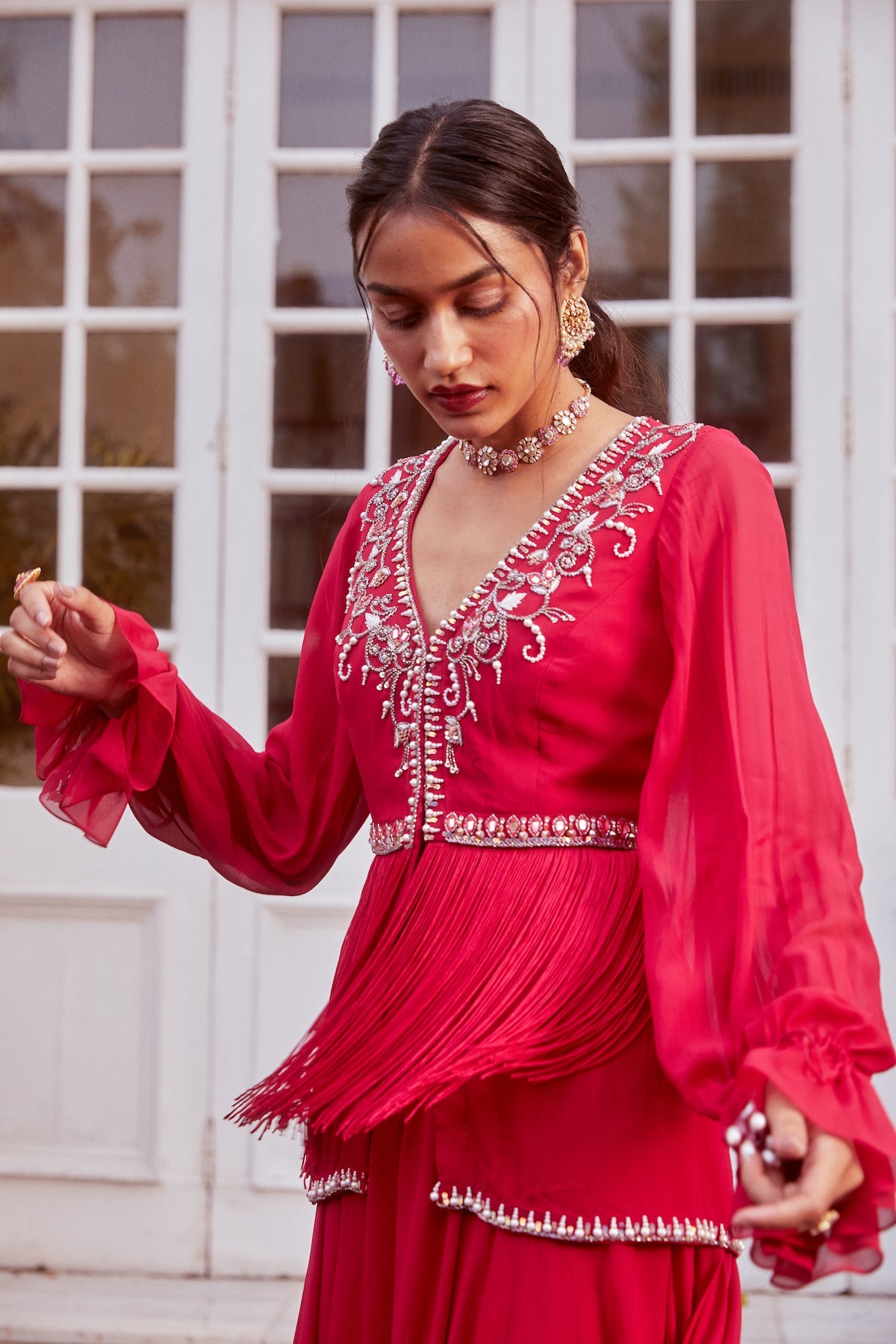 Sanya Gulati - Fuchsia Fringe Peplum with Flared Palazzo Set from Fizah
