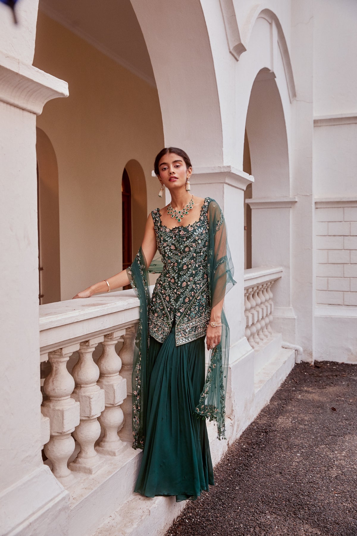 Sanya Gulati - Teal green Short Shirt with Sharara and Dupatta Set from Fizah