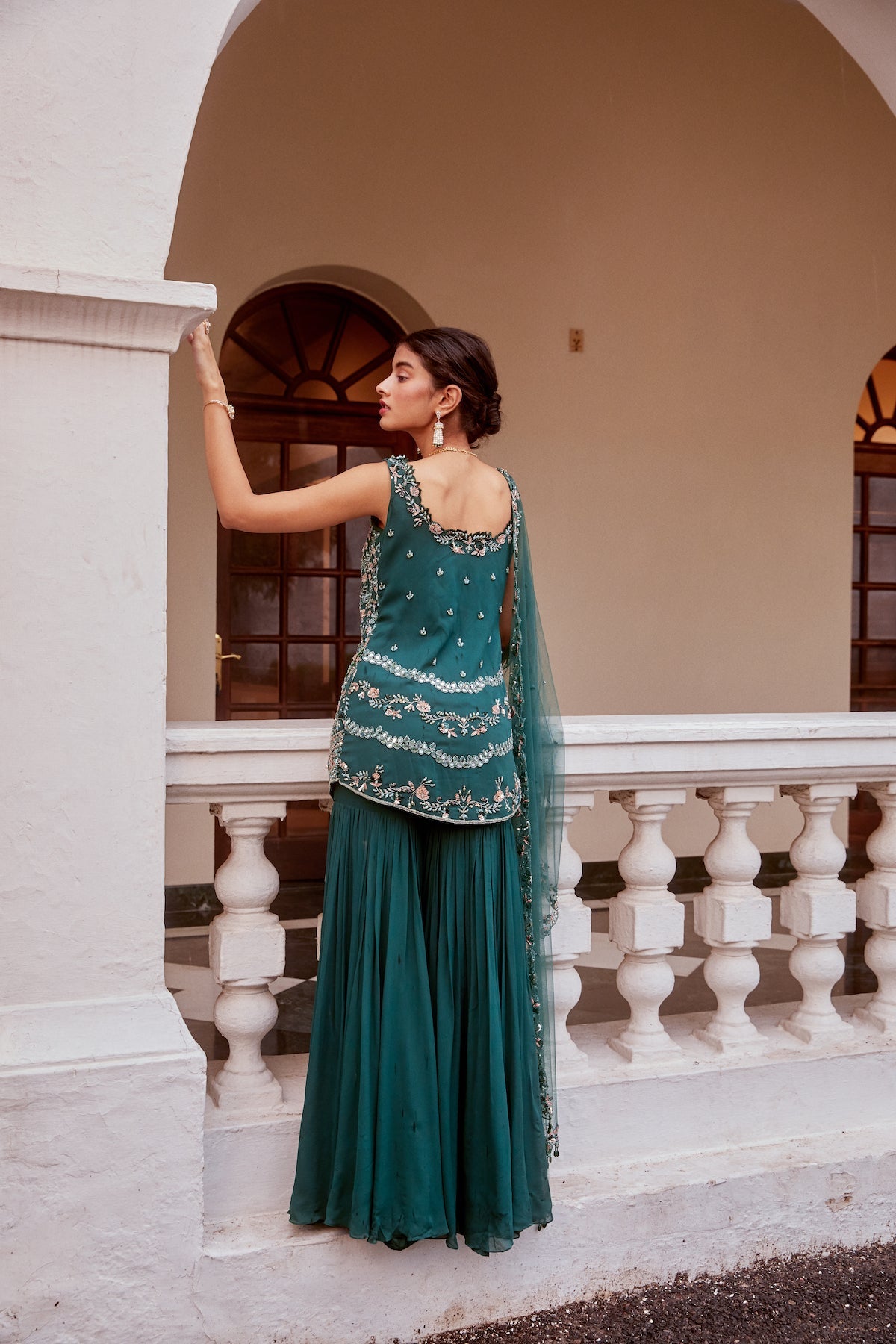 Sanya Gulati - Teal green Short Shirt with Sharara and Dupatta Set from Fizah