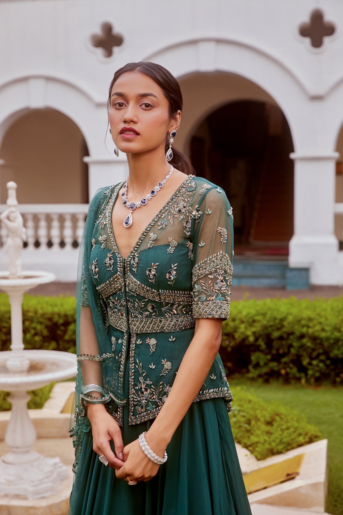 Sanya Gulati - Teal Green Peplum with Lehenga and Dupatta Set from Fizah