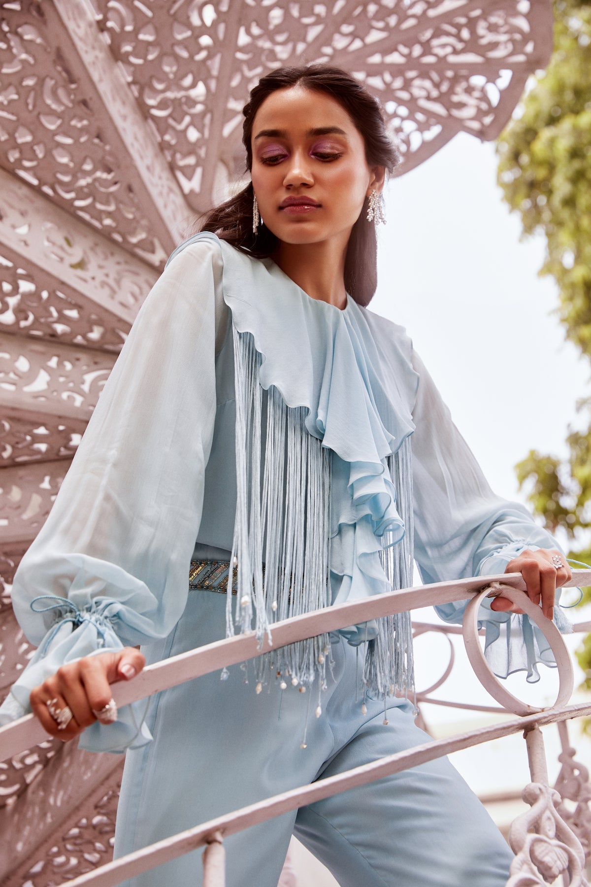 Sanya Gulati - Ice Blue Ruffle Top and Pants Set from Fizah
