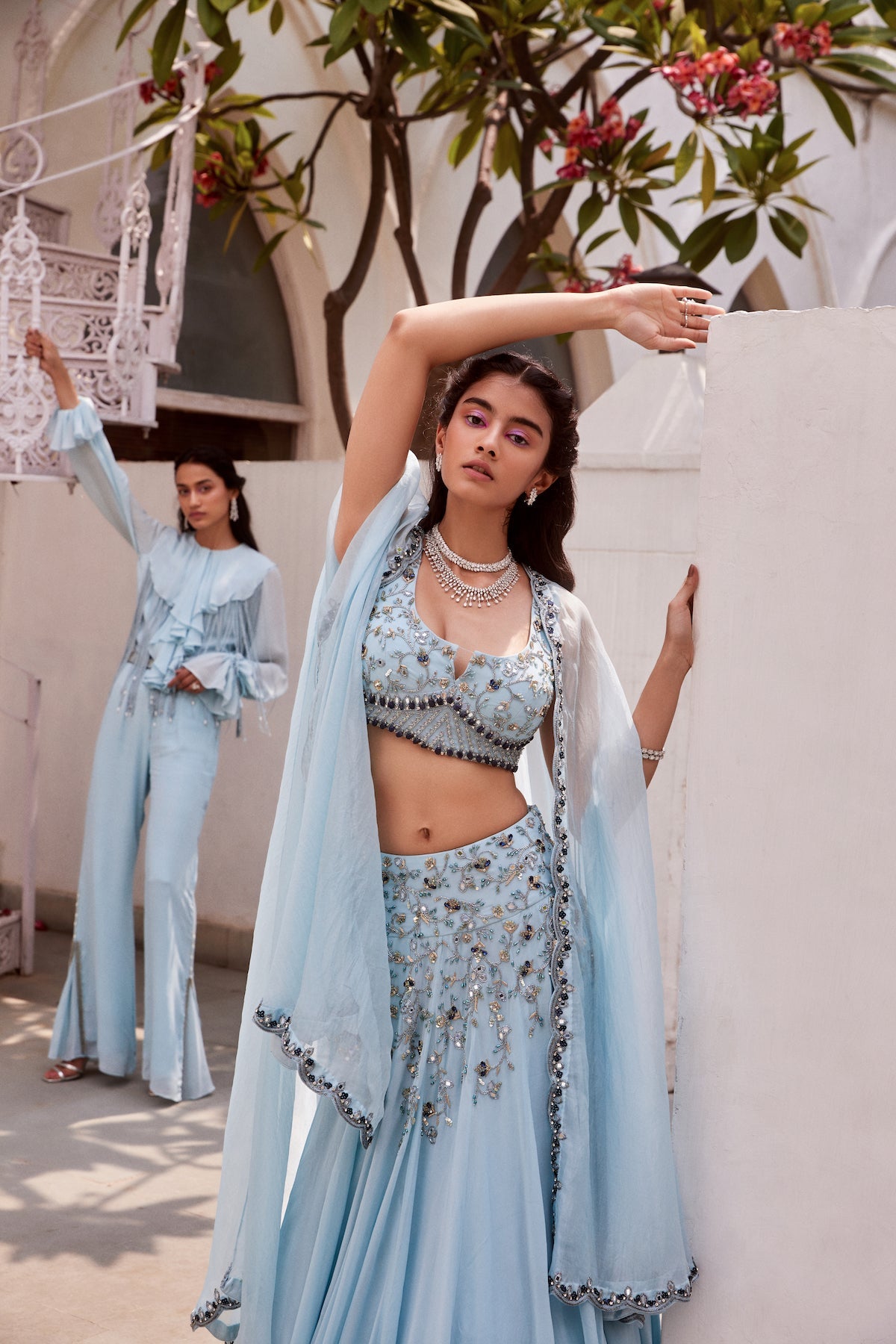 Sanya Gulati - Ice blue Embroidered Lehenga Blouse with Cape Set from Fizah