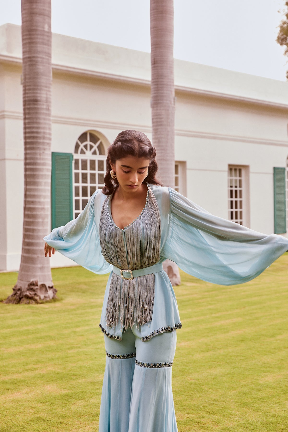Sanya Gulati - Ice Blue Fringed Peplum with Sharara Pants Set from Fizah