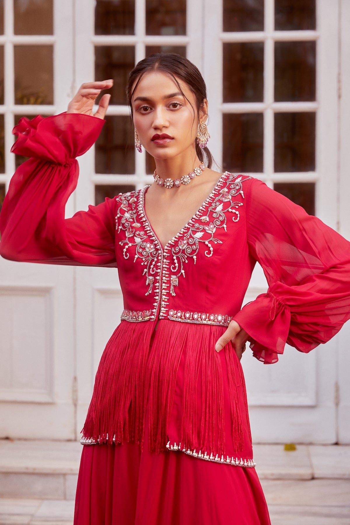 Sanya Gulati - Fuchsia Fringe Peplum with Flared Palazzo Set from Fizah