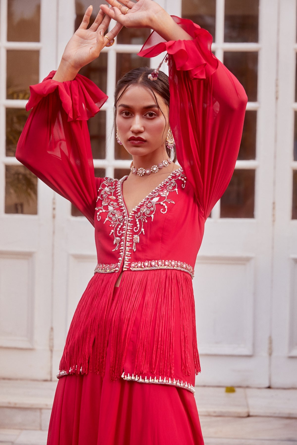 Sanya Gulati - Fuchsia Fringe Peplum with Flared Palazzo Set from Fizah