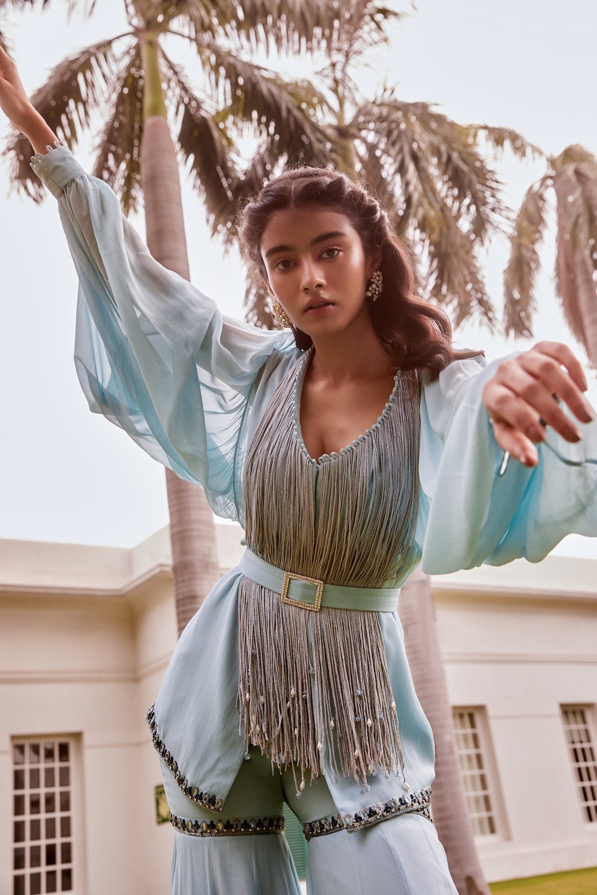 Sanya Gulati - Ice Blue Fringed Peplum with Sharara Pants Set from Fizah