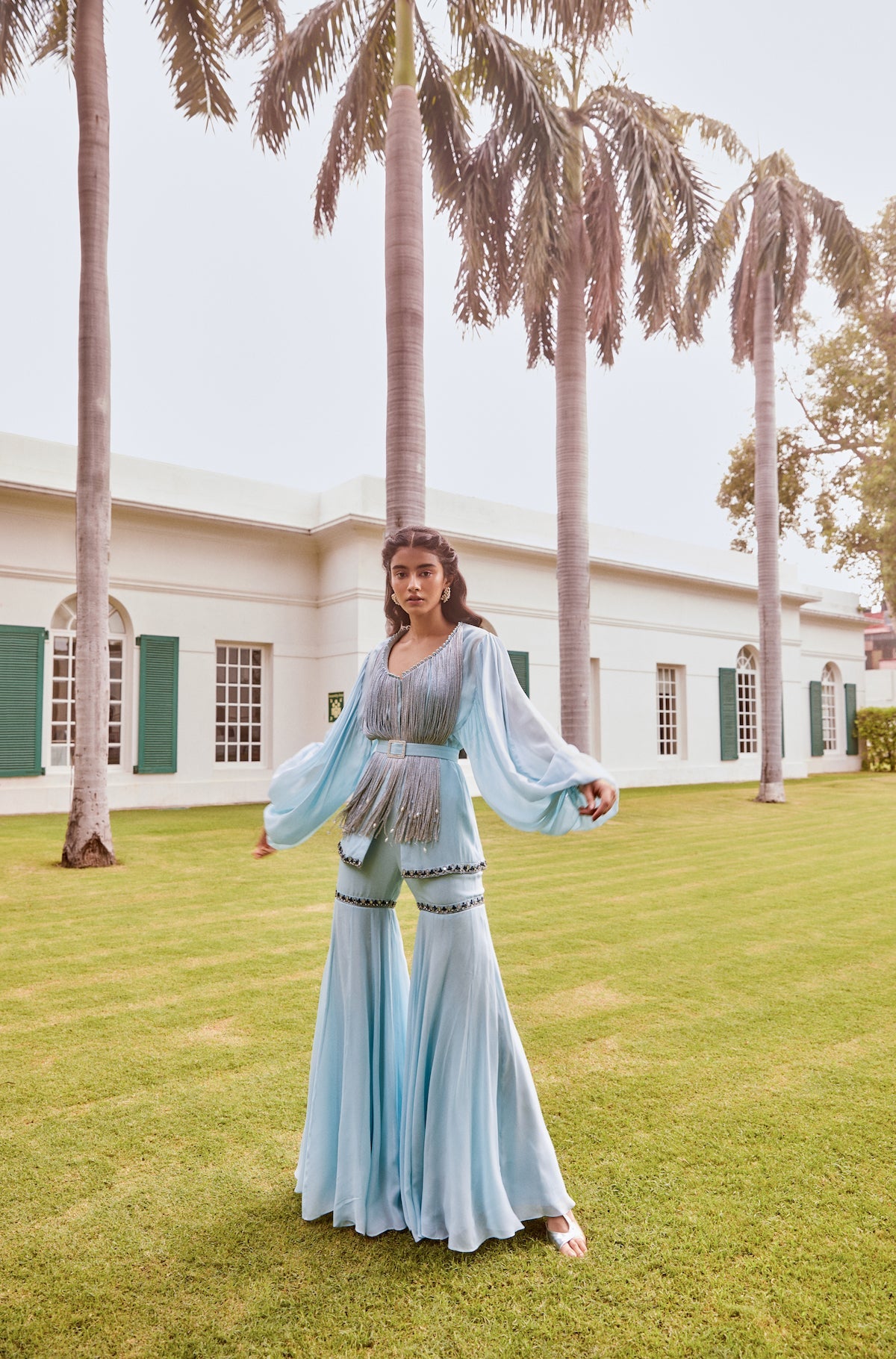 Sanya Gulati - Ice Blue Fringed Peplum with Sharara Pants Set from Fizah