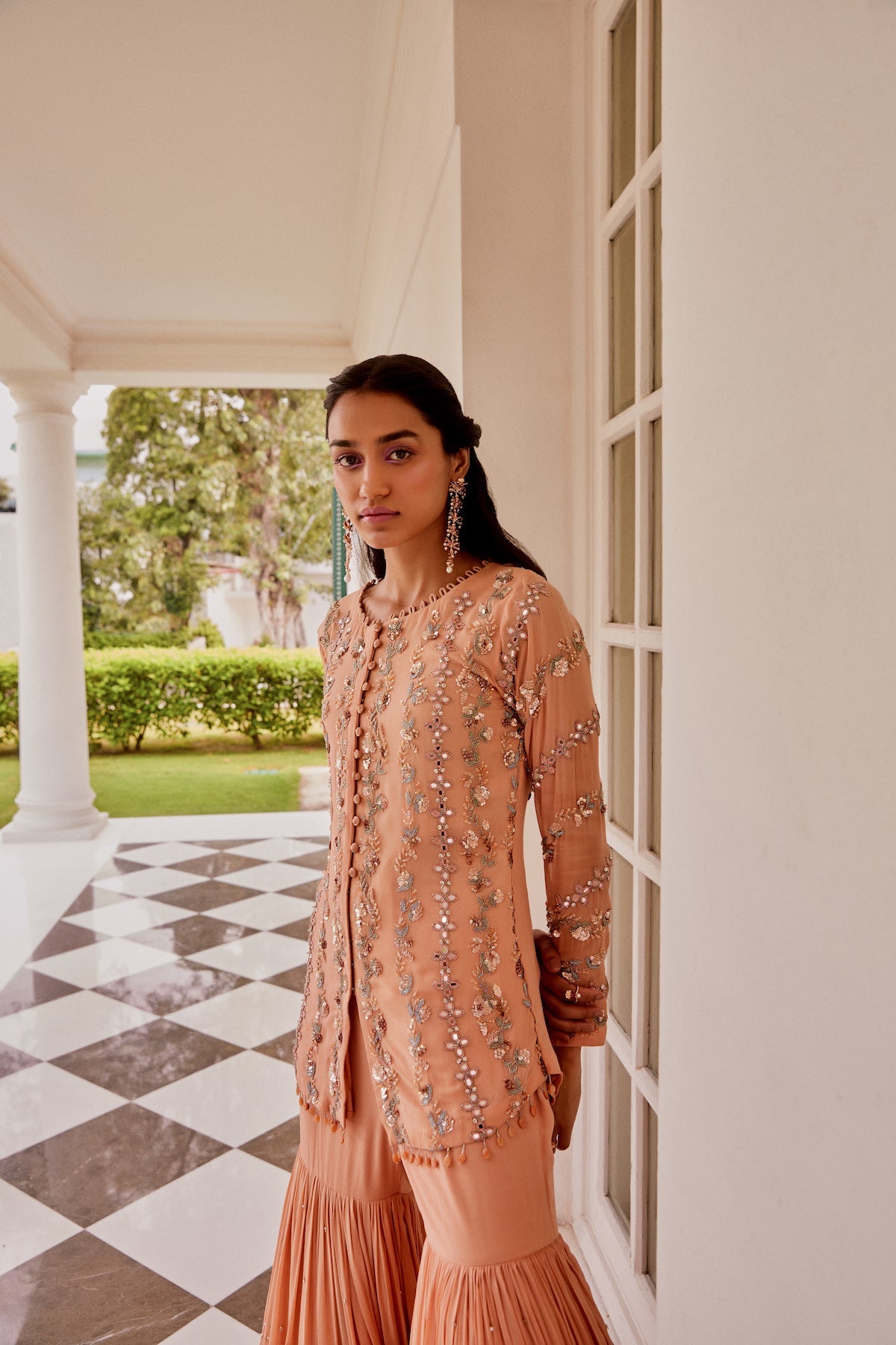 Sanya Gulati - Rose Gold Kurta and Tiered Sharara With Dupatta Set from Fizah